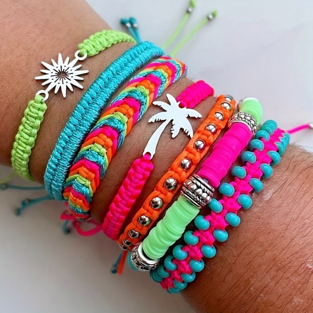 Komplet 7 poletnih pisanih zapestnic s palmo