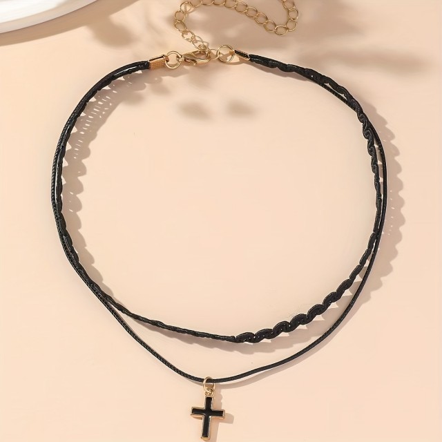 Črna ogrlica choker z obeskom križa
