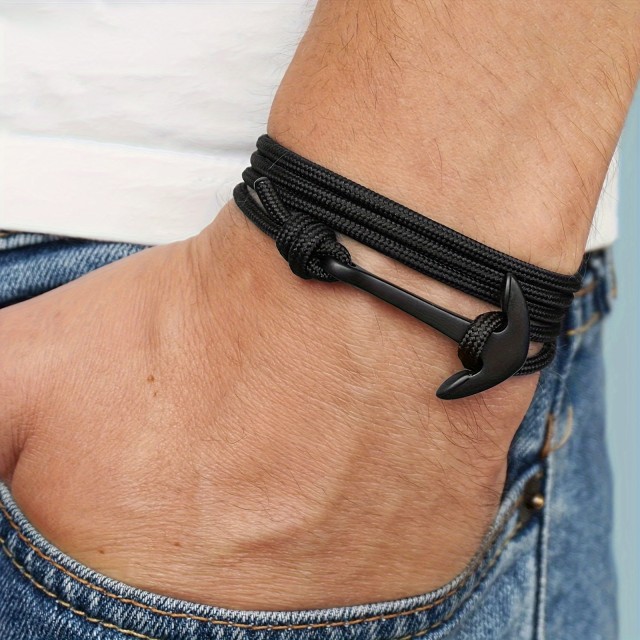 Moška trendna zapestnica s sidrom črne barve