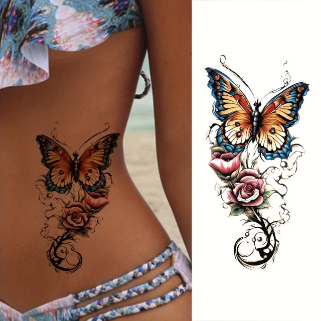Barvna tatu nalepka z metuljem in rožami