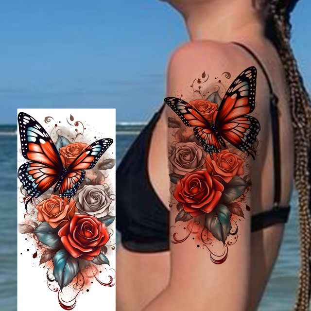 Začasna nalepka s tatujem metulja in rože - vodoodporna