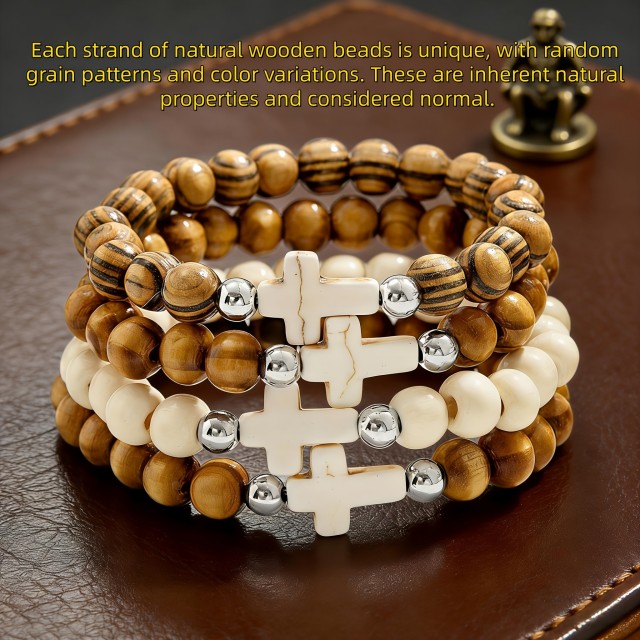 3 delni komplet zapestnic z lesenimi perlami in križem