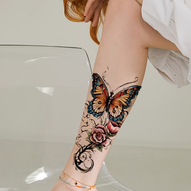 Barvna tatu nalepka z metuljem in rožami