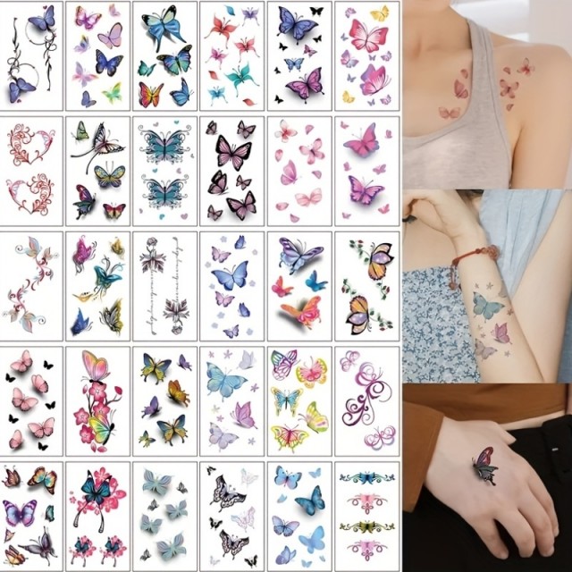 Komplet 30 barvnih tatu nalepk z metulji