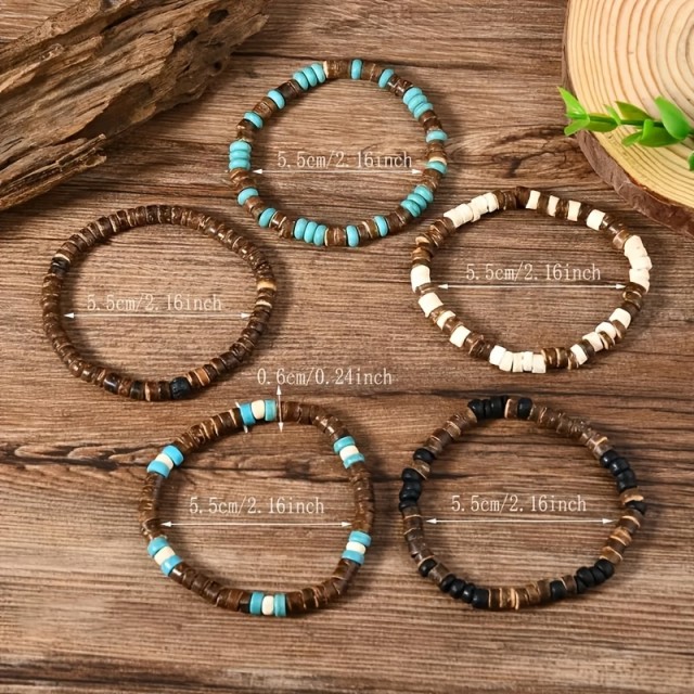 Komplet 5 moških zapestnic iz lesenih perlic