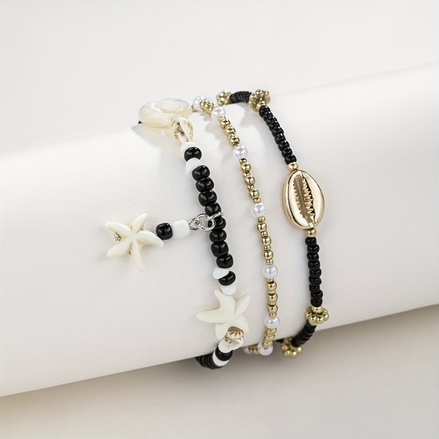 3 delni komplet zapestnic za nogo s črnimi perlami in školjkami