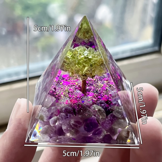 Orgonitna piramida z naravnima kristaloma Peridot & Ametist – Drevo življenja 5cm