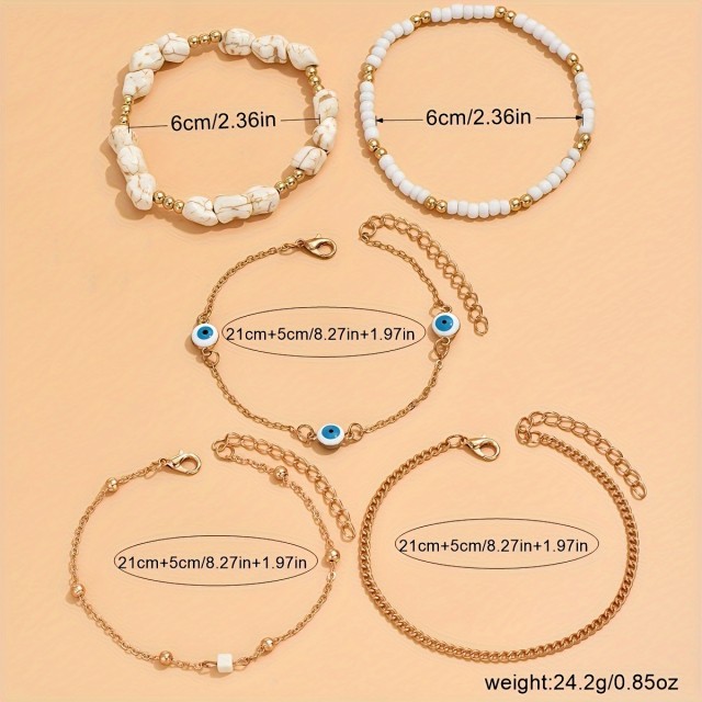 5 delni set zapestnic za nogo v turkozno modri abrvi z Evil eye