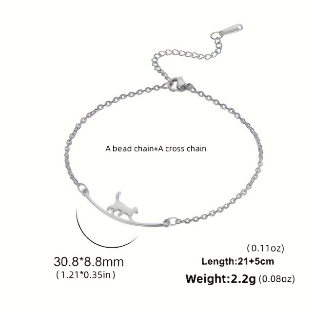 Prisrčna zapestnica za nogo z muco v srebrni barvi 