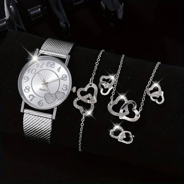5 delni komplet v srebrni barvi, ura in nakit
