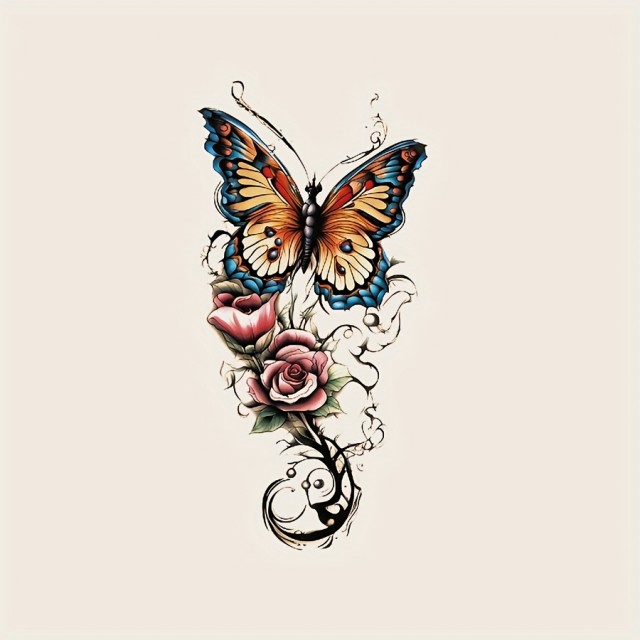 Barvna tatu nalepka z metuljem in rožami