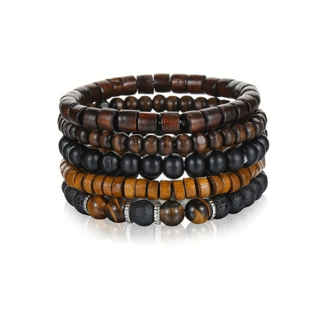 5-delni komplet modnih zapestnic iz lesa s kamnom tigrovo oko