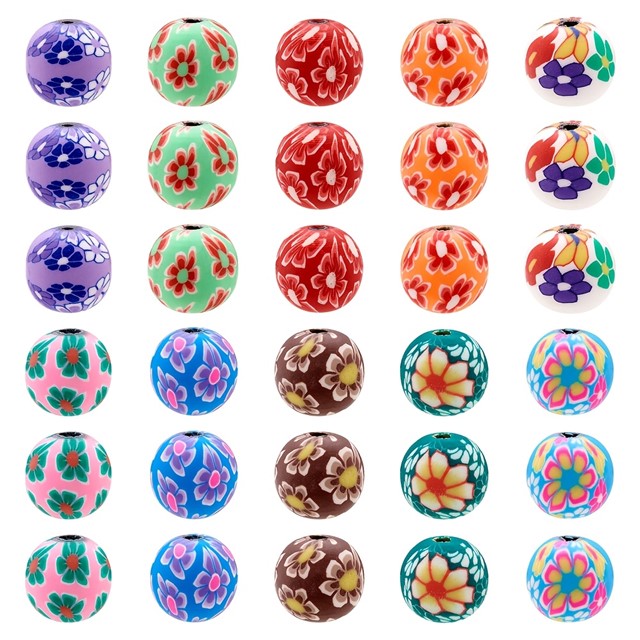 Okrogle fimo perle rožice – barvni miks – 50 kosov