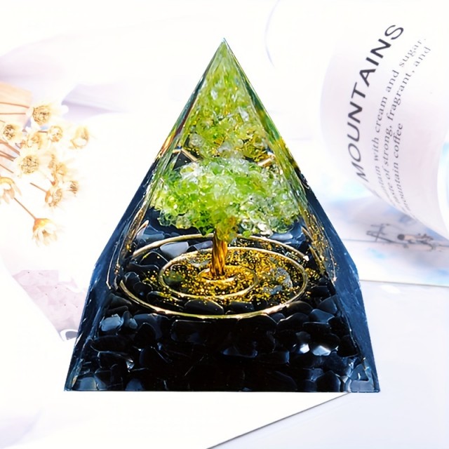 Orgonitna piramida z drevesom življenja Peridot & Obsidian 5 cm