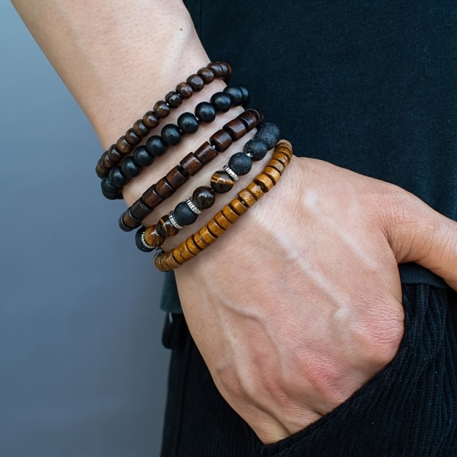 5-delni komplet modnih zapestnic iz lesa s kamnom tigrovo oko