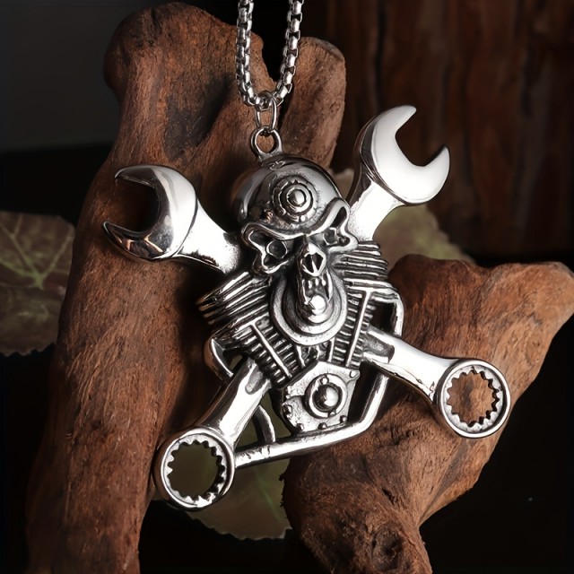 Moška verižica z obeskom motorja lobanje in ključev