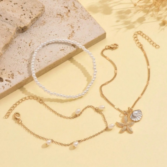 3 delni komplet zapestnic za nogo s perlami in školjkami