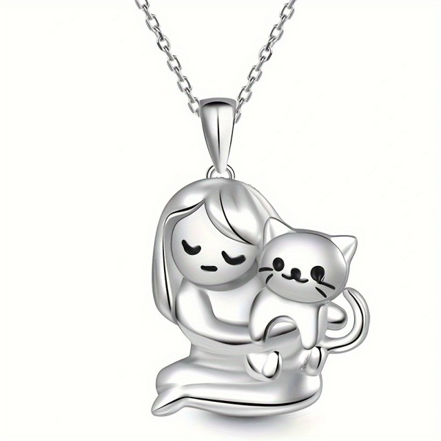 Očarljiva ogrlica z obeskom deklice ki drži mucka