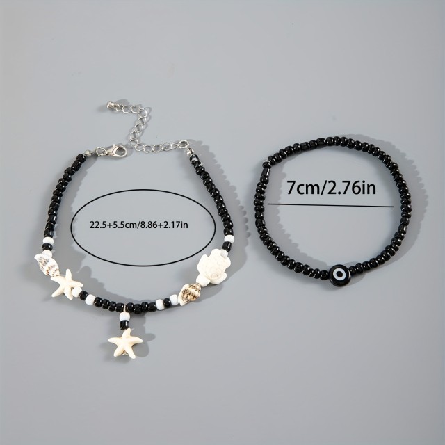 Komplet 2 zapestnic za nogo z morsko zvezdo, školjkami in modrim očesom