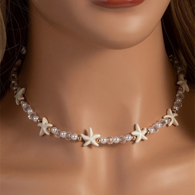 Poletna ogrlica z morsko zvezdo in imitacijskim biserom 2 barvi