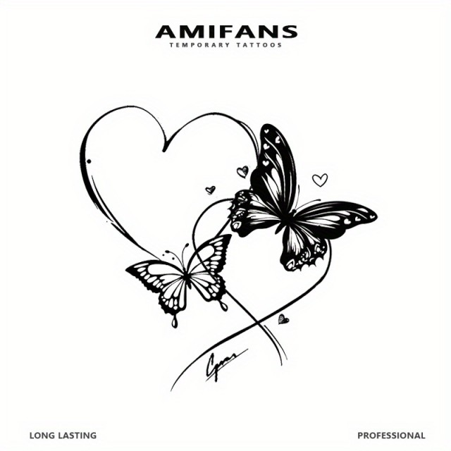 Črna začasna tetovaža z metuljem in srcem