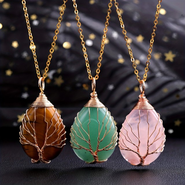 Ogrlica z naravnim kamnom in z življenjskim drevesom 