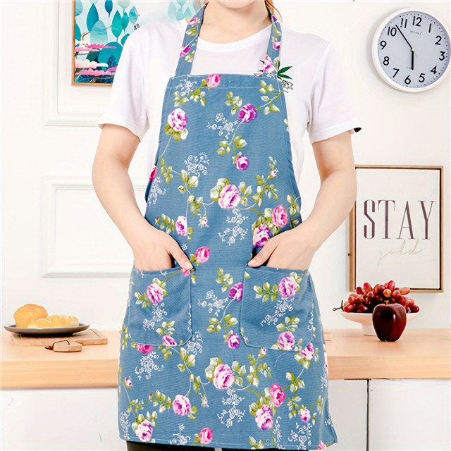 Bombažni predpasnik s cvetličnim vzorcem in žepi