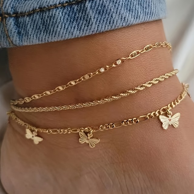 Komplet 3 zapestnic za nogo z majhnim metuljčkom
