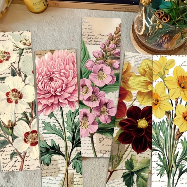Komplet 30 vintage cvetličnih zaznamkov za knjige z živahnimi botaničnimi vzorci