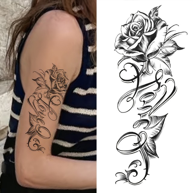 Začasna tattoo nalepka - tetovaža z rožo in napisom LOVE