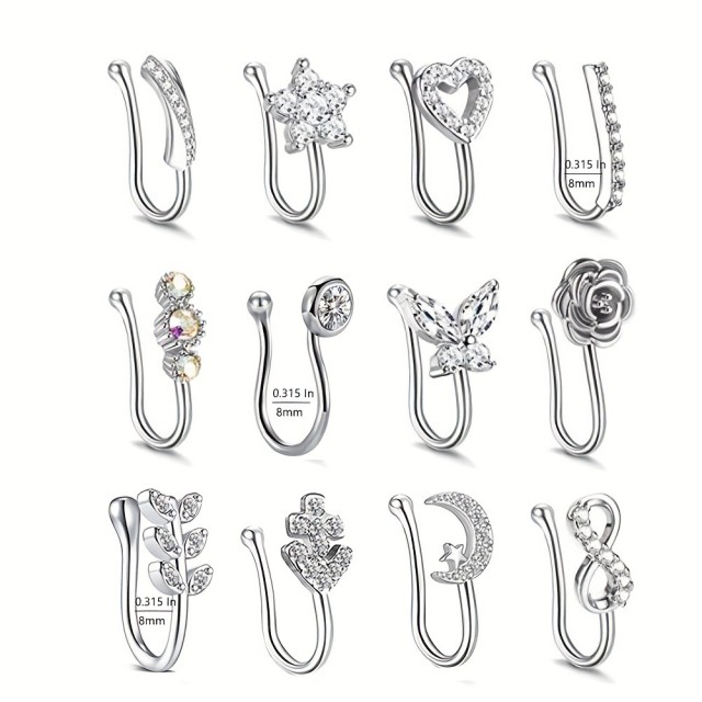 Komplet 12 fake piercingov za nos v srebrni barvi