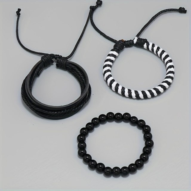 Komplet 3 moških zapestnic v črno beli kombinaciji