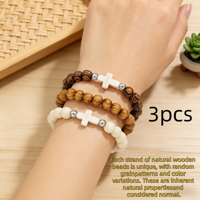 3 delni komplet zapestnic z lesenimi perlami in križem