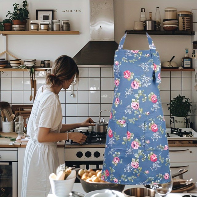 Bombažni predpasnik s cvetličnim vzorcem in žepi