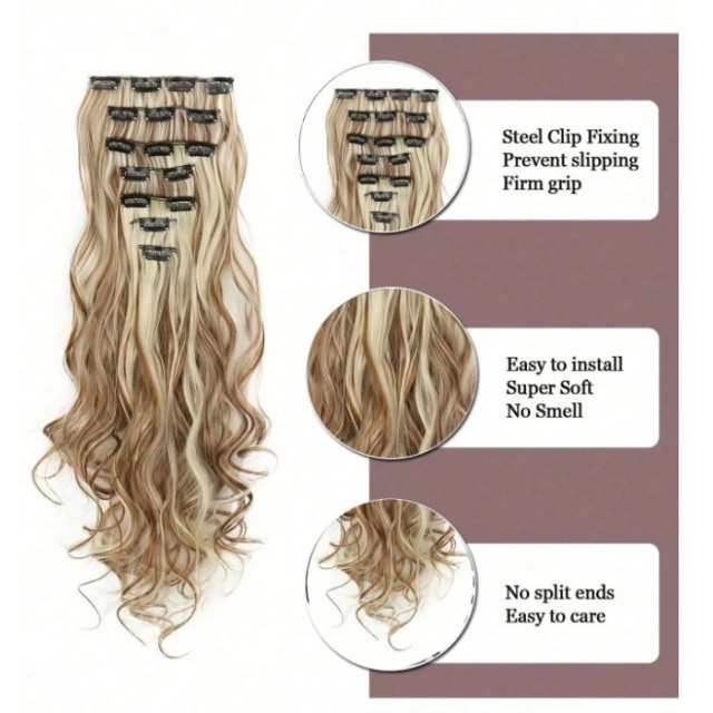7-delni set lasnih podaljškov – valoviti, svetlo blond prameni 