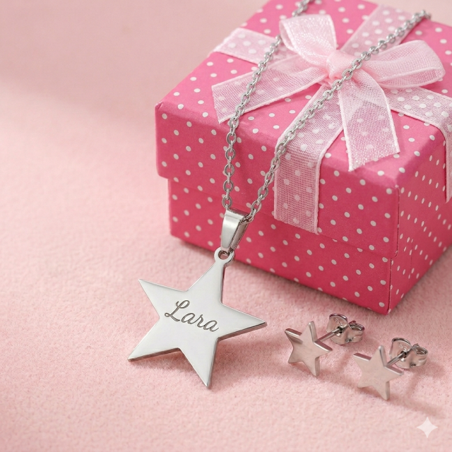 Personaliziran komplet z ogrlico in uhani ter gravuro po želji 