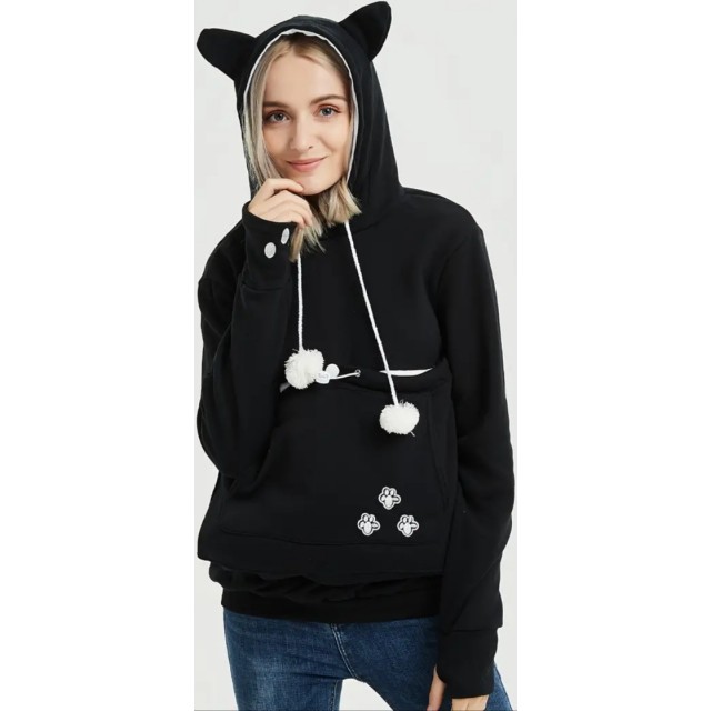 Pulover s kapuco in uhlji, črna muca