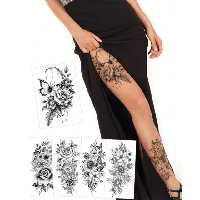 Komplet 5 večjih tattoo nalepk z metulji in rožami