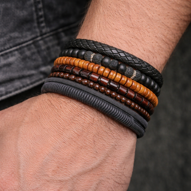 Set moških zapestnic iz usnja - komplet 6 zapestnic