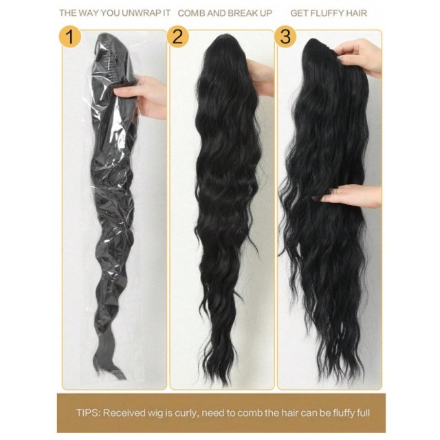 Čop na klipsno – dolg valovit črn 