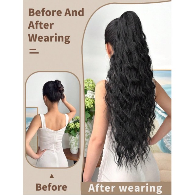 Čop na klipsno – dolg valovit črn 