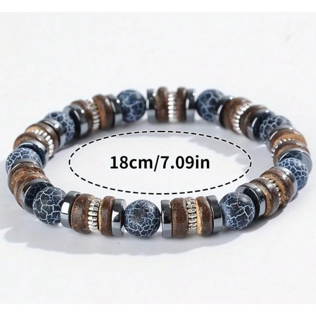 Moška zapestnica iz naravnih kamnov – modri ahat & leseni detajli