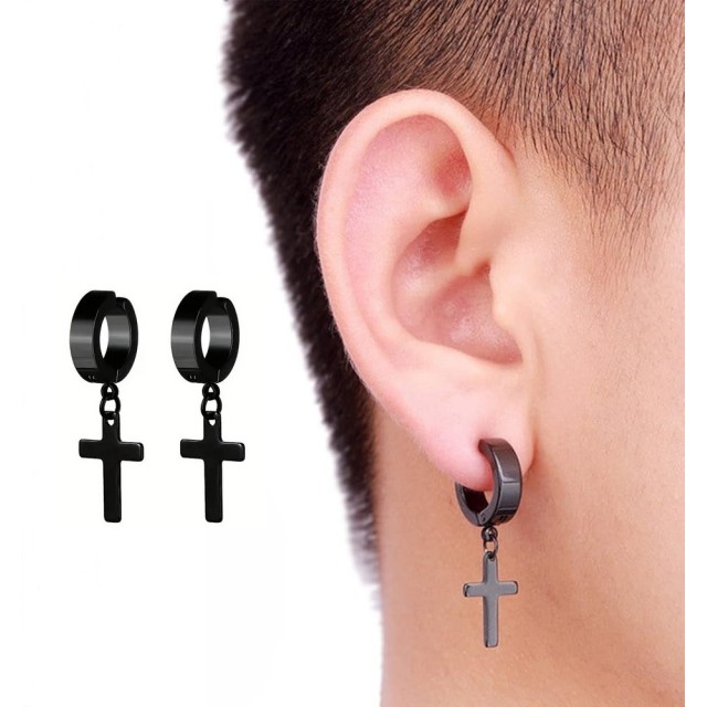 Moški viseči uhani s križem črne barve brez prebadanja 