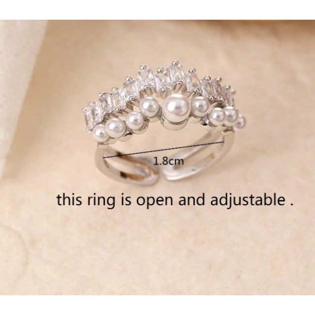 Nastavljiv prstan s perlami in kristali – eleganten srebrni ali zlat dizajn