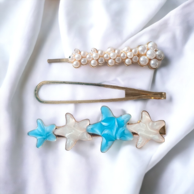 Komplet 3 špangic za lase morske zvezdice, modre 