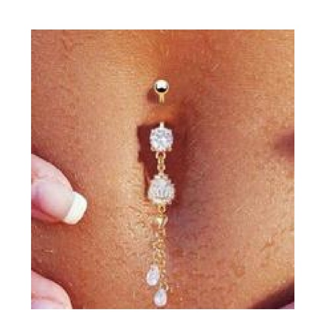 Daljši viseč zlat uhan za popek zlate barve