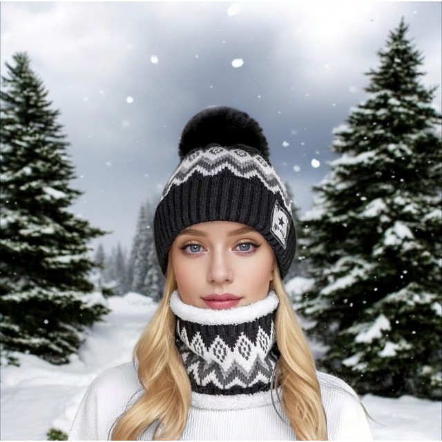 Ženski zimski komplet s kapo in šalom črne barve