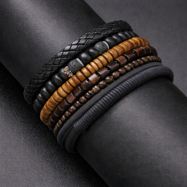 Set moških zapestnic iz usnja - komplet 6 zapestnic