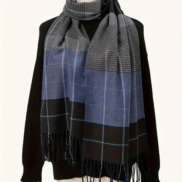 Moški eleganten geometrijski šal s karirastim vzorcem moder