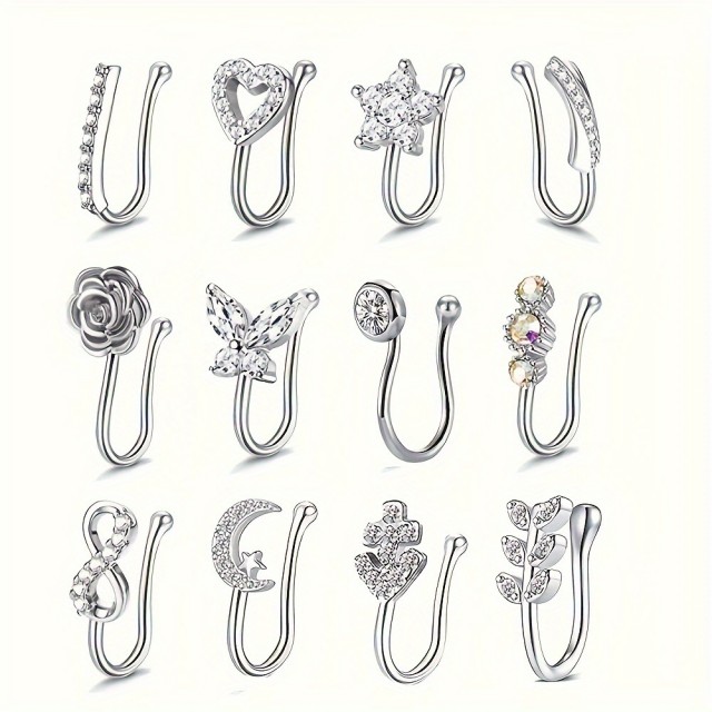 Komplet 12 fake piercingov za nos v srebrni barvi